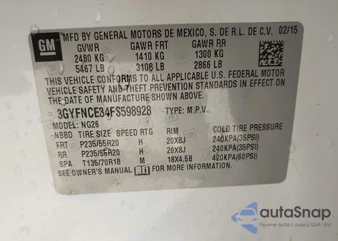 2015 Cadillac Srx Performance Collection из США, поврежденный, VIN 3GYFNCE34FS598928